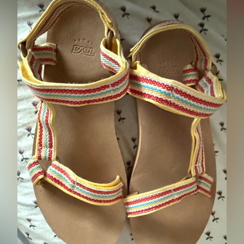 Teva Women's Sandals with Red, Yellow, and Cream Stripes